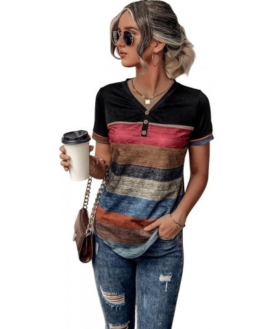 Women's Button Striped Block Color V Neck Short Sleeve T Shirt Casual Tee A Black Multi $15.89 T-Shirts