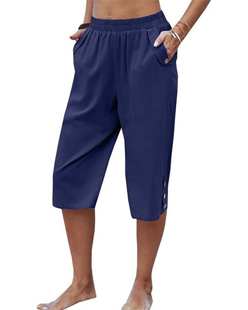 Womens Casual Capri Pants Elastic Waist Solid Color 3/4 Wide Leg Summer Trousers with Pockets Blue $12.25 Pants