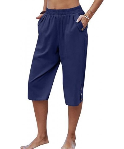 Womens Casual Capri Pants Elastic Waist Solid Color 3/4 Wide Leg Summer Trousers with Pockets Blue $12.25 Pants