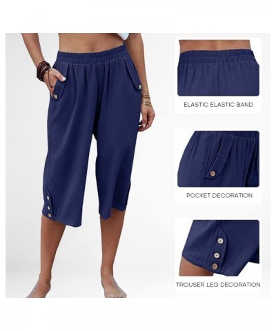 Womens Casual Capri Pants Elastic Waist Solid Color 3/4 Wide Leg Summer Trousers with Pockets Blue $12.25 Pants