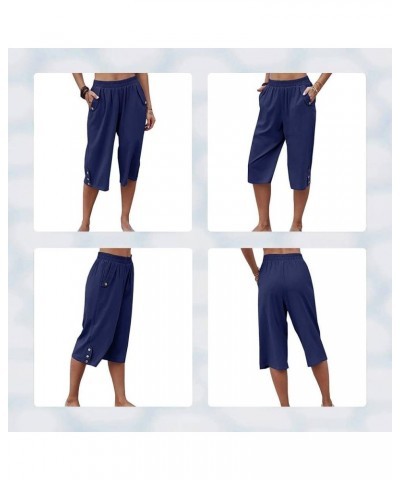 Womens Casual Capri Pants Elastic Waist Solid Color 3/4 Wide Leg Summer Trousers with Pockets Blue $12.25 Pants