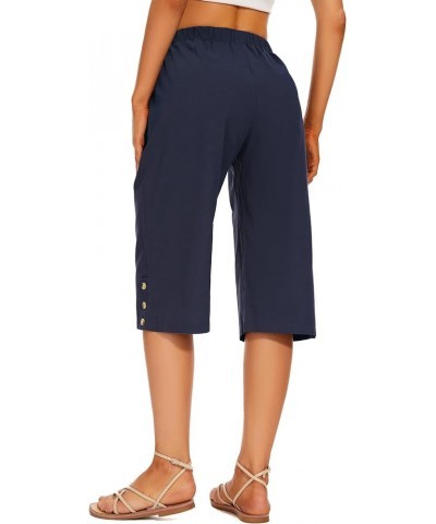 Womens Casual Capri Pants Elastic Waist Solid Color 3/4 Wide Leg Summer Trousers with Pockets Blue $12.25 Pants