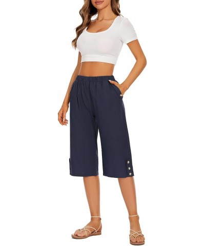 Womens Casual Capri Pants Elastic Waist Solid Color 3/4 Wide Leg Summer Trousers with Pockets Blue $12.25 Pants