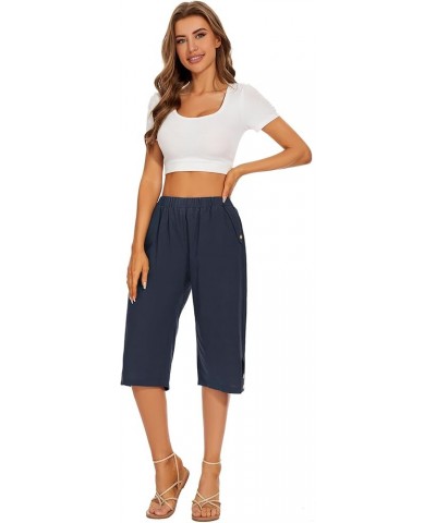 Womens Casual Capri Pants Elastic Waist Solid Color 3/4 Wide Leg Summer Trousers with Pockets Blue $12.25 Pants