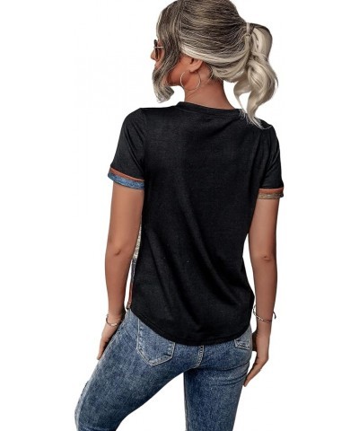 Women's Button Striped Block Color V Neck Short Sleeve T Shirt Casual Tee A Black Multi $15.89 T-Shirts