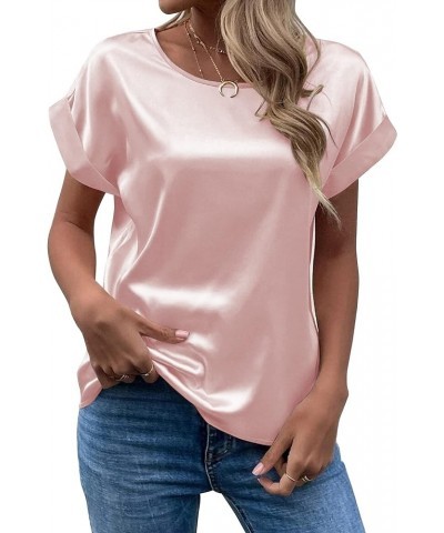 Women's Short Sleeve Satin Blouses Casual Loose Crewneck Silk Shirts Roll Up Sleeve Tunic Tops S-XXL A Pink $8.39 Tops