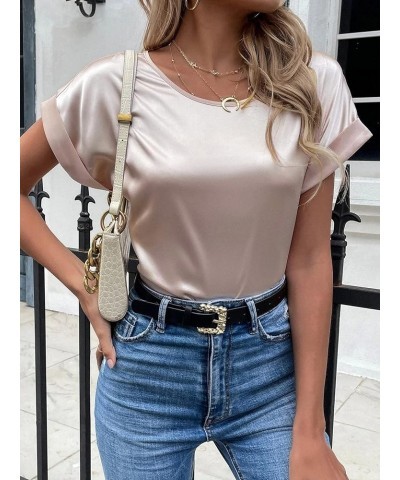 Women's Short Sleeve Satin Blouses Casual Loose Crewneck Silk Shirts Roll Up Sleeve Tunic Tops S-XXL A Pink $8.39 Tops