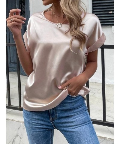 Women's Short Sleeve Satin Blouses Casual Loose Crewneck Silk Shirts Roll Up Sleeve Tunic Tops S-XXL A Pink $8.39 Tops