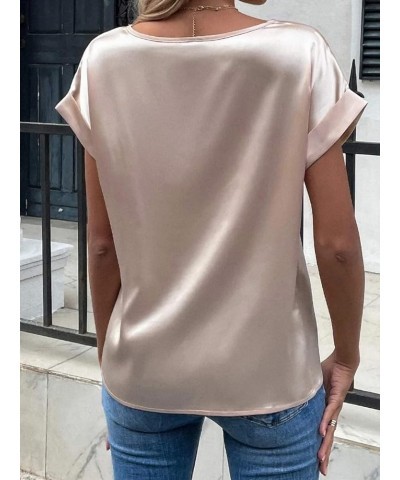 Women's Short Sleeve Satin Blouses Casual Loose Crewneck Silk Shirts Roll Up Sleeve Tunic Tops S-XXL A Pink $8.39 Tops