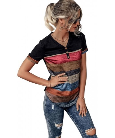 Women's Button Striped Block Color V Neck Short Sleeve T Shirt Casual Tee A Black Multi $15.89 T-Shirts