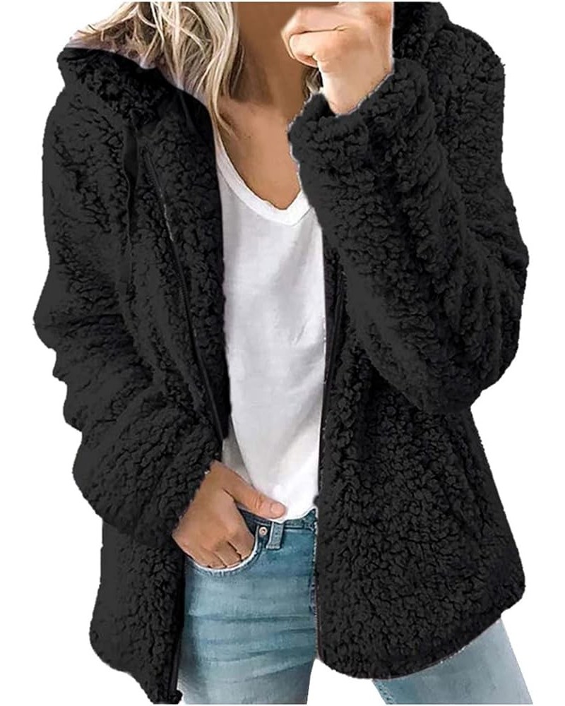 Winter Coats for Women Faux Fur Shaggy Fleece Cardigan Tops Zip Up Fluffy Sherpa Teddy Hoodies Jackets Black 2 $7.48 Coats