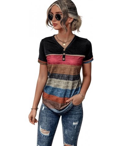 Women's Button Striped Block Color V Neck Short Sleeve T Shirt Casual Tee A Black Multi $15.89 T-Shirts