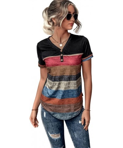 Women's Button Striped Block Color V Neck Short Sleeve T Shirt Casual Tee A Black Multi $15.89 T-Shirts