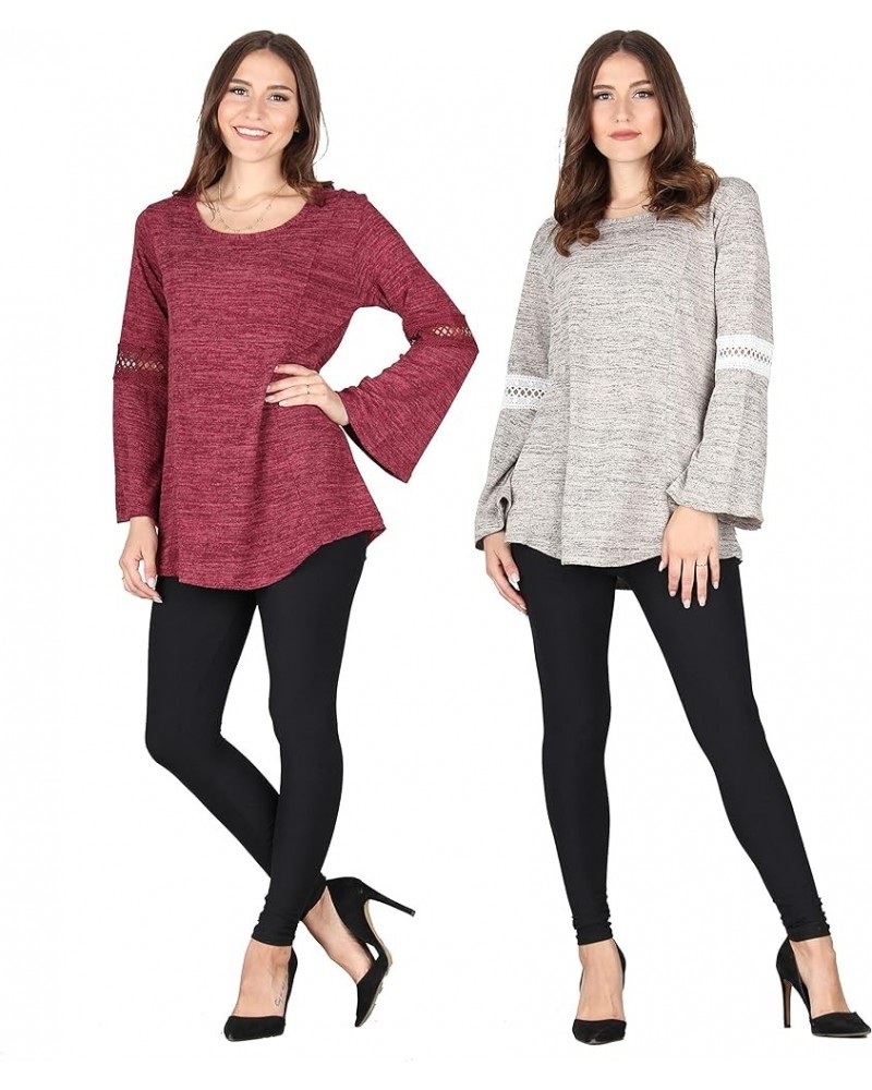 Women's Button Back Keyhole Tunic, Loose Casual Stretchable Pullover Grey With White Lace/Burgundy $21.99 Tops