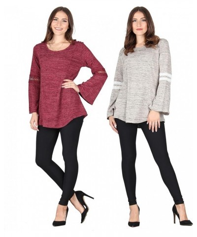 Women's Button Back Keyhole Tunic, Loose Casual Stretchable Pullover Grey With White Lace/Burgundy $21.99 Tops