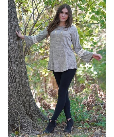 Women's Button Back Keyhole Tunic, Loose Casual Stretchable Pullover Grey With White Lace/Burgundy $21.99 Tops