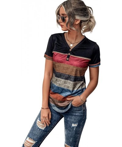 Women's Button Striped Block Color V Neck Short Sleeve T Shirt Casual Tee A Black Multi $15.89 T-Shirts