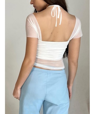 Sheer Mesh Short Sleeve Crop Top Square Neck Cropped T Shirt Cute Tops for Women Trendy White $10.43 T-Shirts