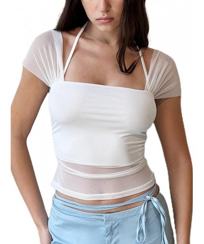 Sheer Mesh Short Sleeve Crop Top Square Neck Cropped T Shirt Cute Tops for Women Trendy White $10.43 T-Shirts