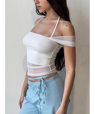 Sheer Mesh Short Sleeve Crop Top Square Neck Cropped T Shirt Cute Tops for Women Trendy White $10.43 T-Shirts