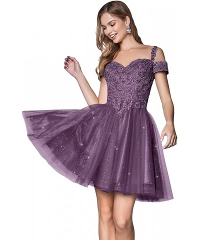 Sparkly Homecoming Dresses Lace Appliques Cold Shoulder Short Flower Tulle Prom Party Gowns Wisteria $35.74 Dresses