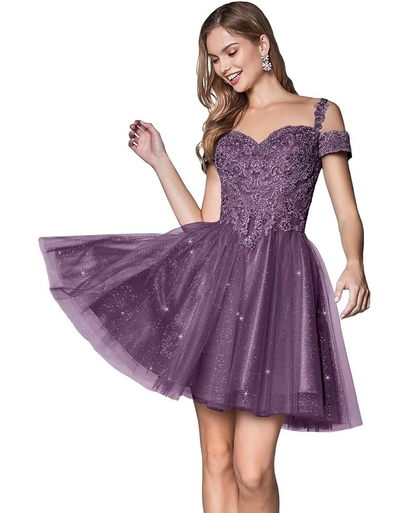 Sparkly Homecoming Dresses Lace Appliques Cold Shoulder Short Flower Tulle Prom Party Gowns Wisteria $35.74 Dresses