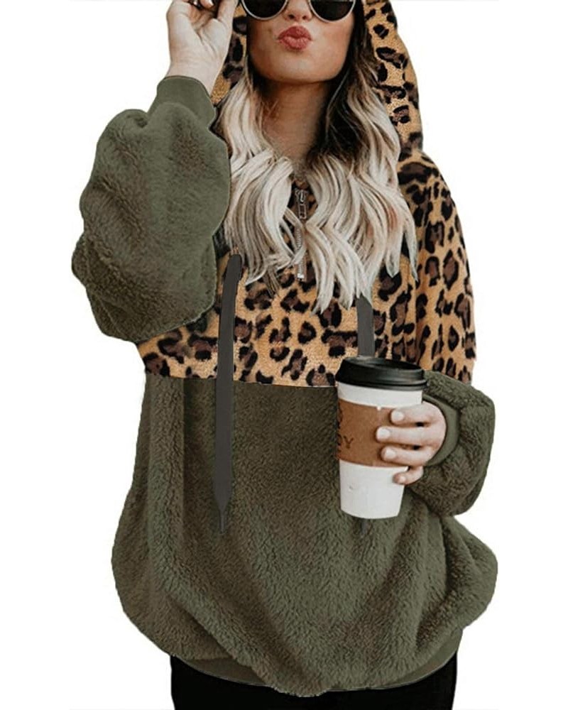 Women Casual Double Fuzzy Sweatshirt Faux Fleece Zip Pullover Hoodies Coat Outwear S-XXL C-leopard/Army Green $23.00 Hoodies ...