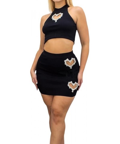 Womens Two Piece Outfit Heart Rhinestone Hollow Tank Tops And High Waist Bodycon Mini Skirts Set Black $14.50 Suits