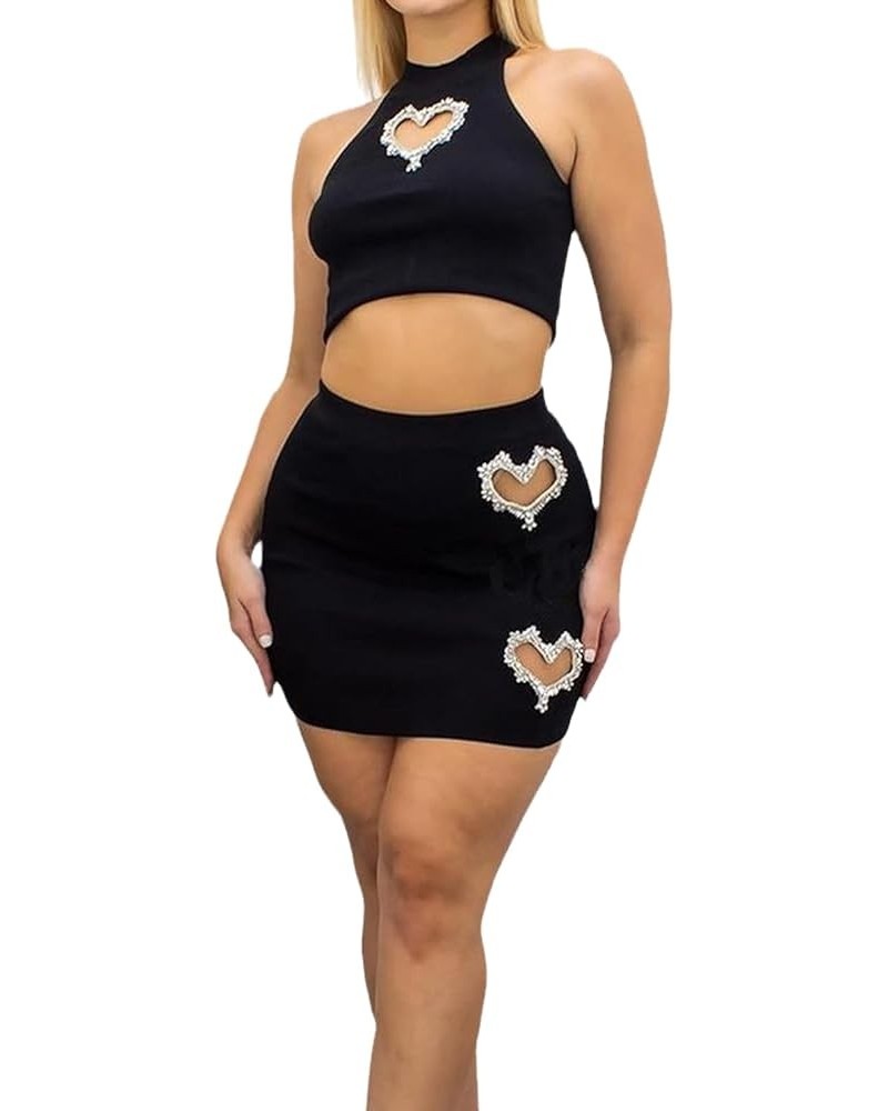 Womens Two Piece Outfit Heart Rhinestone Hollow Tank Tops And High Waist Bodycon Mini Skirts Set Black $14.50 Suits