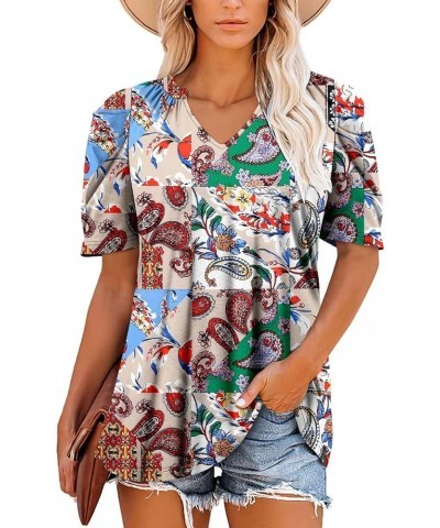 Womens Ruffle Sleeve Summer Tunic Tops V Neck Loose Fit Short Sleeve T Shirts A-ruffle Sleeve Rice Cashew Nuts $16.00 Tops