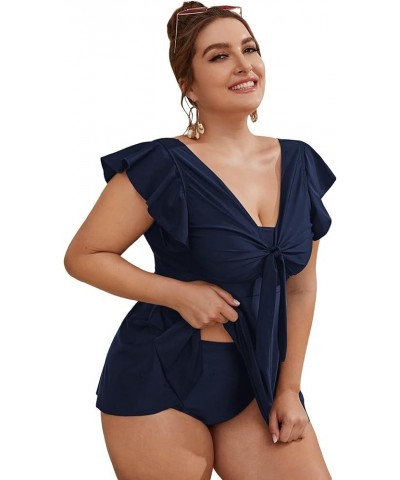 Women's Plus Size Tankini Swimsuit Ruffle Sleeve Two Piece Bathing Suit Navy Blue $25.51 Swimsuits