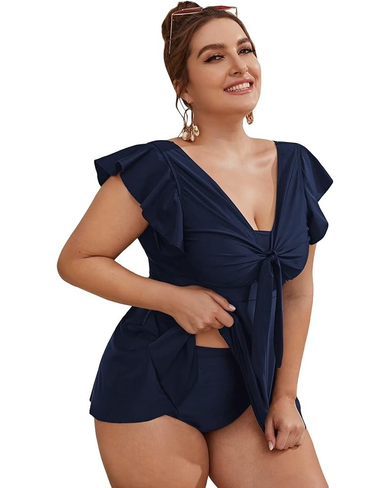 Women's Plus Size Tankini Swimsuit Ruffle Sleeve Two Piece Bathing Suit Navy Blue $25.51 Swimsuits