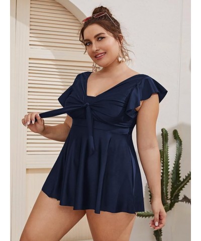 Women's Plus Size Tankini Swimsuit Ruffle Sleeve Two Piece Bathing Suit Navy Blue $25.51 Swimsuits