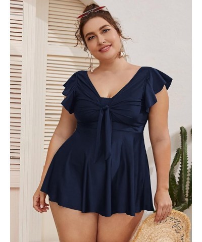 Women's Plus Size Tankini Swimsuit Ruffle Sleeve Two Piece Bathing Suit Navy Blue $25.51 Swimsuits