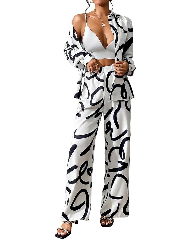 Women's 2 Piece Outfits Button Down Long Sleeve Shirt and Wide Leg Pants Set White $21.62 Activewear