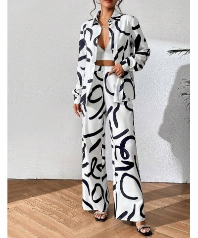 Women's 2 Piece Outfits Button Down Long Sleeve Shirt and Wide Leg Pants Set White $21.62 Activewear