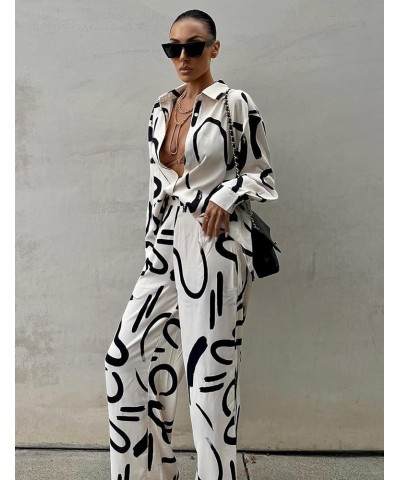 Women's 2 Piece Outfits Button Down Long Sleeve Shirt and Wide Leg Pants Set White $21.62 Activewear