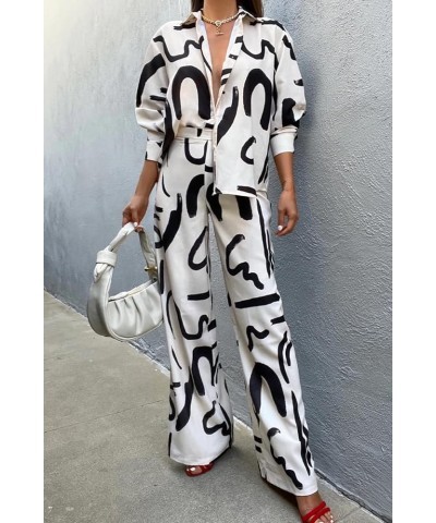 Women's 2 Piece Outfits Button Down Long Sleeve Shirt and Wide Leg Pants Set White $21.62 Activewear