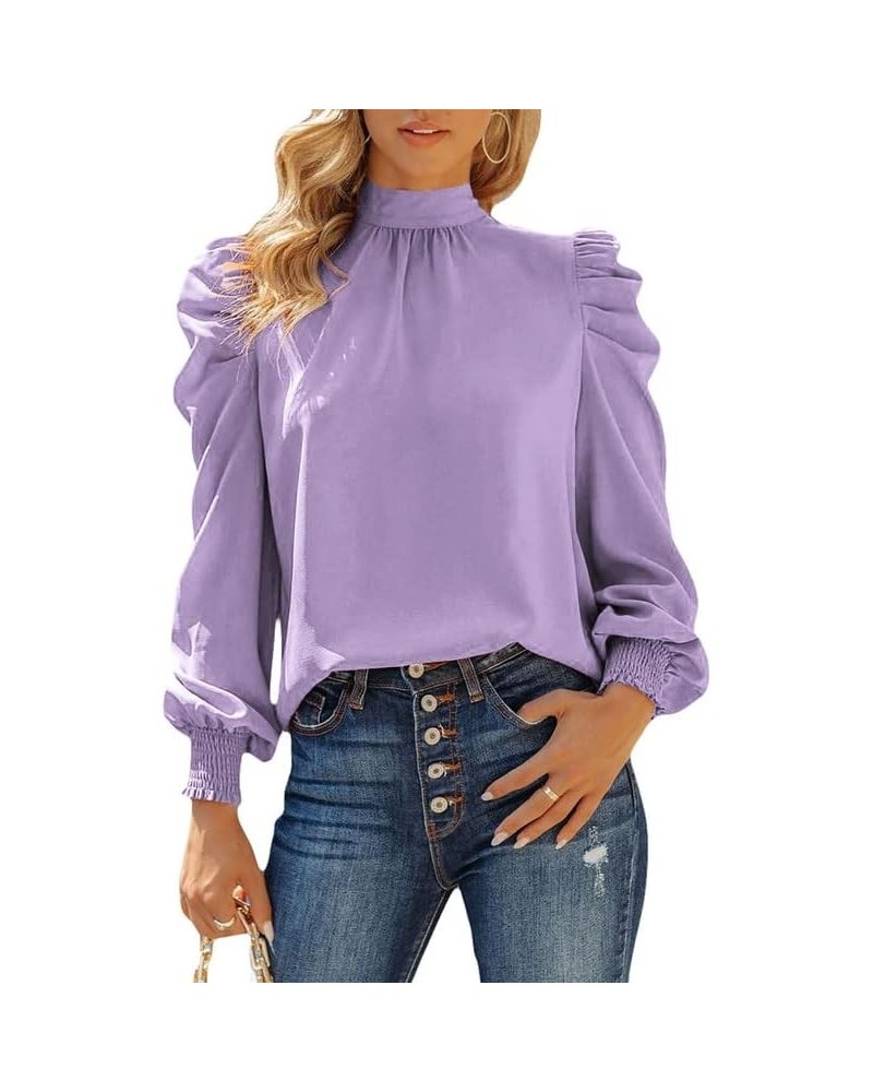 Womens 2024 Long Sleeve High Neck Puff Long Sleeve Casual Loose Shirts Tops and Blouses Purple $17.00 Blouses