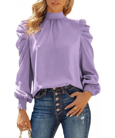 Womens 2024 Long Sleeve High Neck Puff Long Sleeve Casual Loose Shirts Tops and Blouses Purple $17.00 Blouses