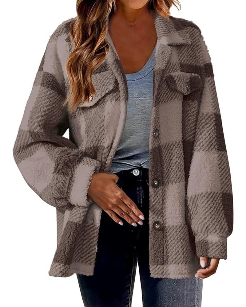 Womens Fuzzy Fleece Jacket Plaid Fuzzy Sherpa Thermal Coat Casual Fall Winter Warm Outwear Clothes C Coffee $6.04 Jackets