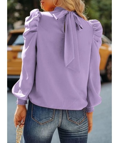 Womens 2024 Long Sleeve High Neck Puff Long Sleeve Casual Loose Shirts Tops and Blouses Purple $17.00 Blouses