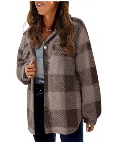 Womens Fuzzy Fleece Jacket Plaid Fuzzy Sherpa Thermal Coat Casual Fall Winter Warm Outwear Clothes C Coffee $6.04 Jackets