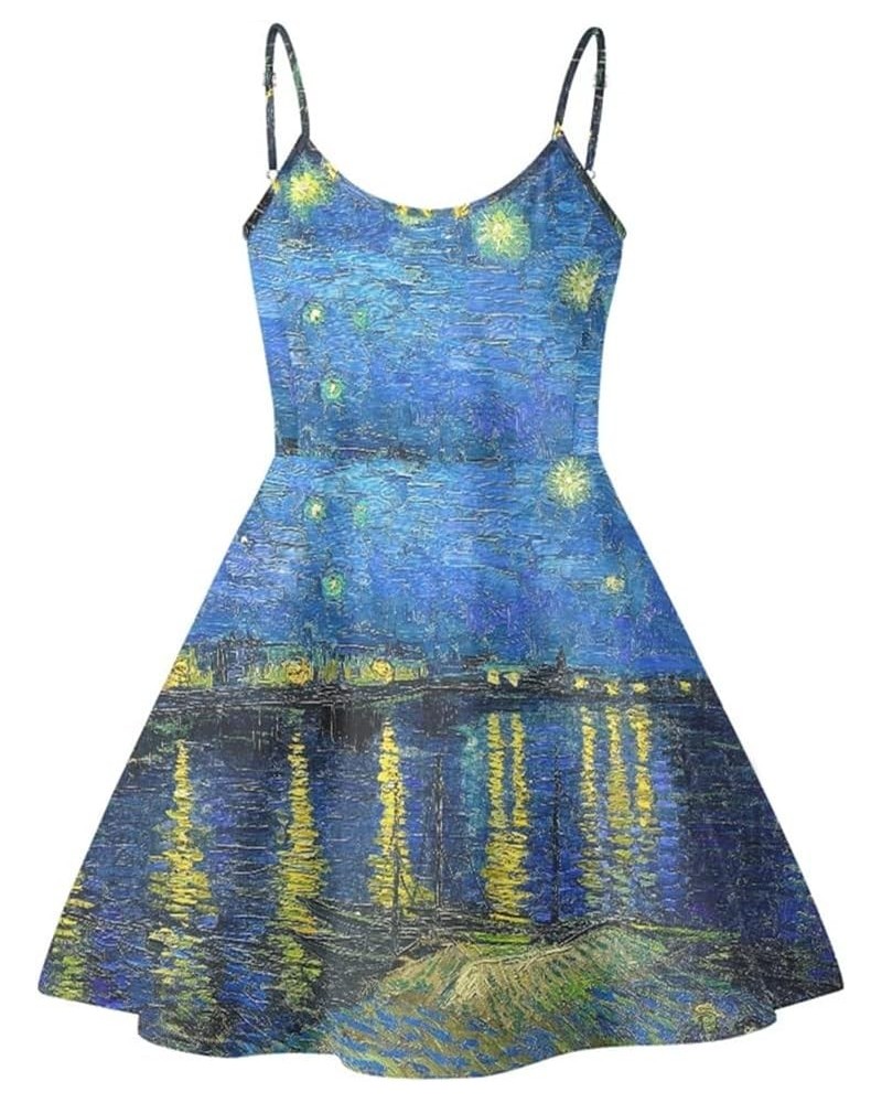 JooMeryer Women's Van Gogh Oil Painting Printed Spaghetti Straps V-Neck A-Line Swing Dress Van Gogh Starry Night Rhone $13.19...