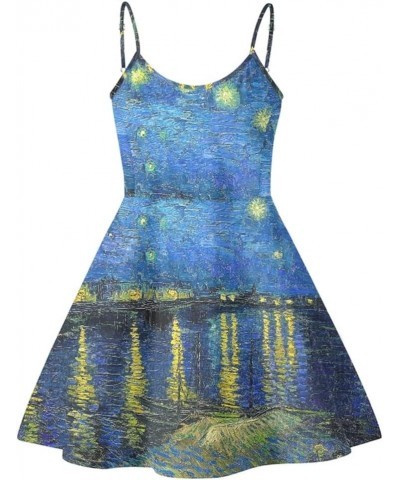 JooMeryer Women's Van Gogh Oil Painting Printed Spaghetti Straps V-Neck A-Line Swing Dress Van Gogh Starry Night Rhone $13.19...