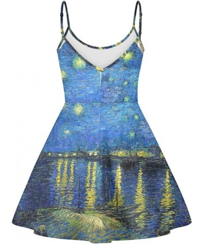 JooMeryer Women's Van Gogh Oil Painting Printed Spaghetti Straps V-Neck A-Line Swing Dress Van Gogh Starry Night Rhone $13.19...