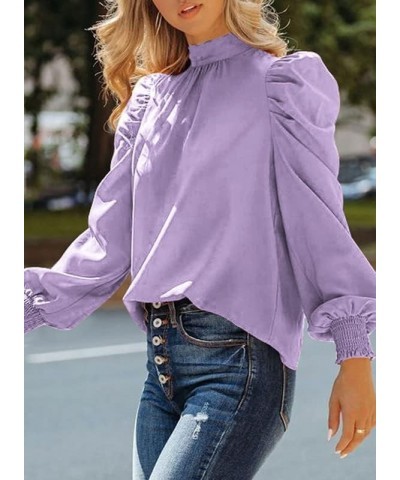 Womens 2024 Long Sleeve High Neck Puff Long Sleeve Casual Loose Shirts Tops and Blouses Purple $17.00 Blouses