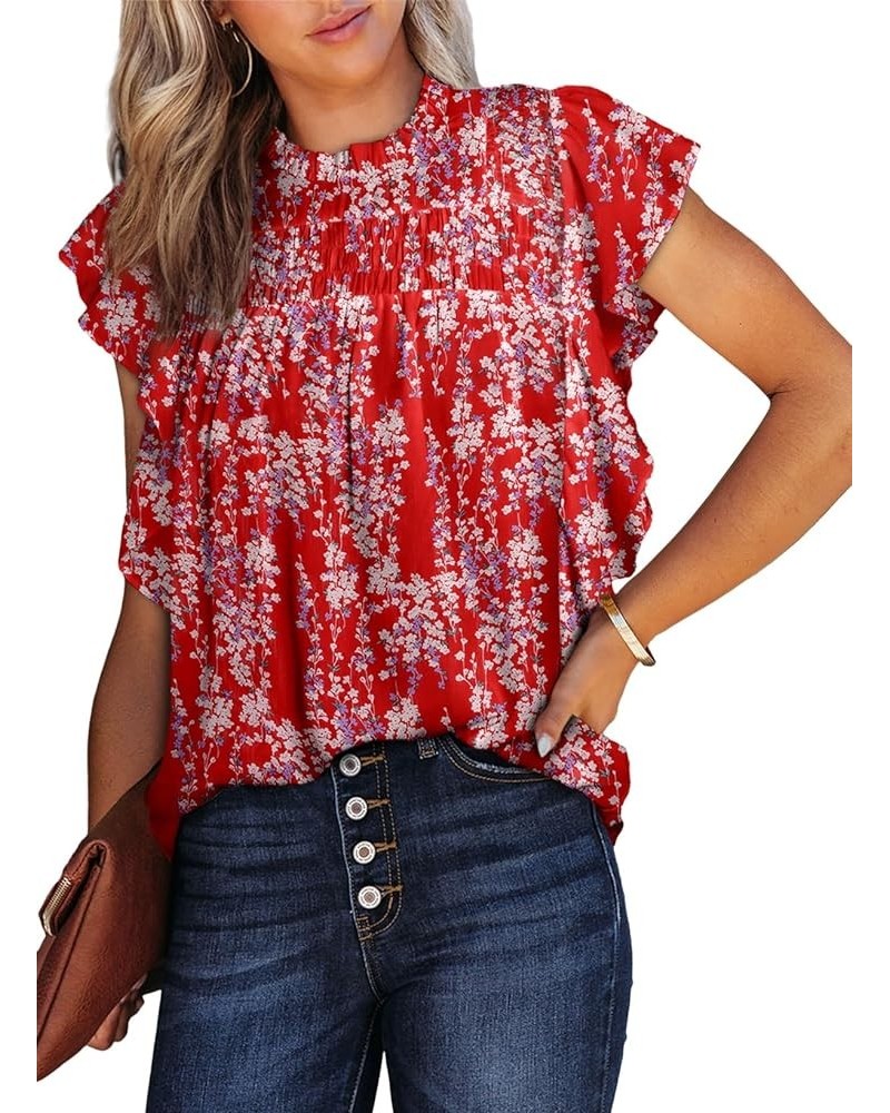 Womens Summer Tops Casual Crewneck Floral Print Shirts Smocked Ruffle Short Sleeve Babydoll Blouses Red $12.90 Blouses