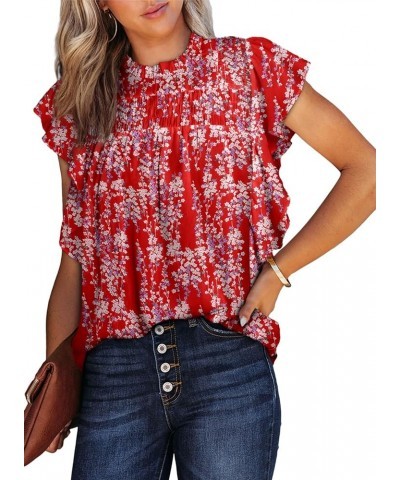 Womens Summer Tops Casual Crewneck Floral Print Shirts Smocked Ruffle Short Sleeve Babydoll Blouses Red $12.90 Blouses