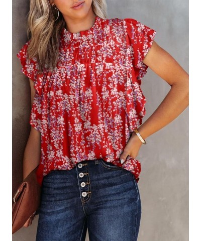 Womens Summer Tops Casual Crewneck Floral Print Shirts Smocked Ruffle Short Sleeve Babydoll Blouses Red $12.90 Blouses